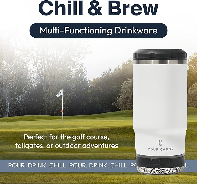 Chill & Brew, Insulated Can & Bottle Holder, Bluetooth Cup with Speaker, Fits 12 oz Cans, Skinny Cans, Most Bottles & Cold Drinks, White