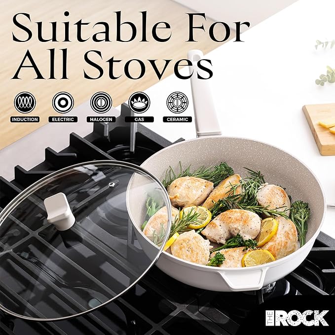 THE ROCK SOHO 4 Qt Nonstick Deep Frying Pan Skillet with Glass Lid, 11 Inch Large Deep Frying Pan, Ceramic Non Toxic Skillet with Heat-Resistant Handle, PFOA & PFAS Free, Oven & Dishwasher Safe, Cream