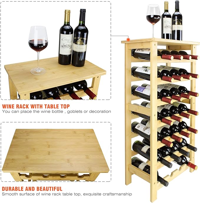 SMIBUY Bamboo Wine Rack, 28 Bottles Display Holder with Table Top, 7-Tier Free Standing Storage Shelves for Kitchen, Pantry, Cellar, Bar (Natural)