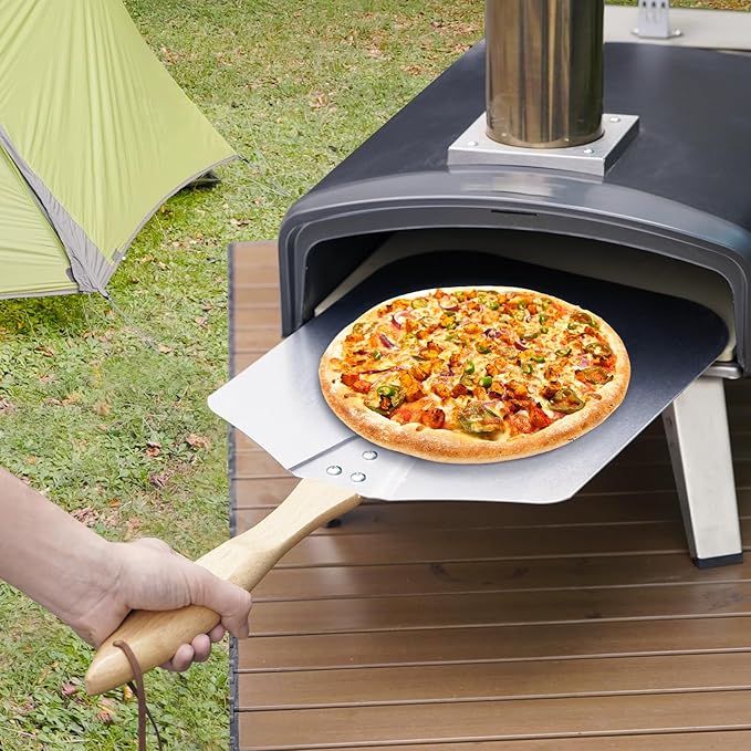 Skyflame Kitchen Supply Aluminum Pizza Peel with Wooden Handle 14-Inch x 16-Inch, Large Pizza Paddle for Baking Homemade Pizza Bread