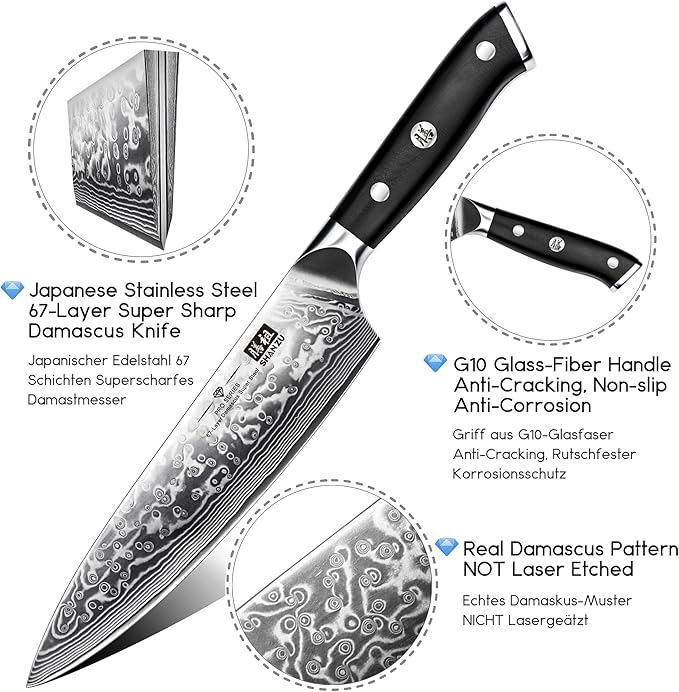 SHAN ZU Damascus Knife Set, Japanese Super Steel 3 PCS Damascus High Carbon Professional Ultra-Sharp Kitchen Chef Knife Set with G10 Handle Gift Box