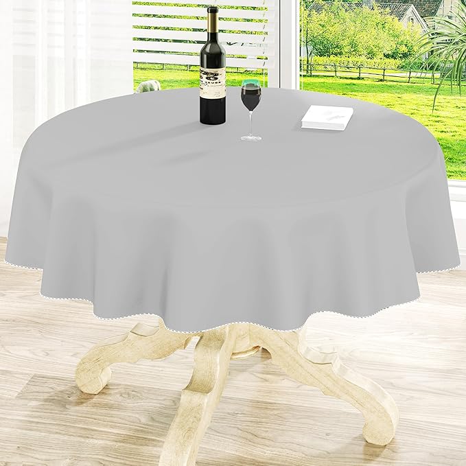 homing Round Vinyl Tablecloth, Waterproof Spillproof Plastic Flannel Backed Table Cloth, Wipe Clean Table Cover for Dining, Buffet Parties and Camping (Light Grey, 60")
