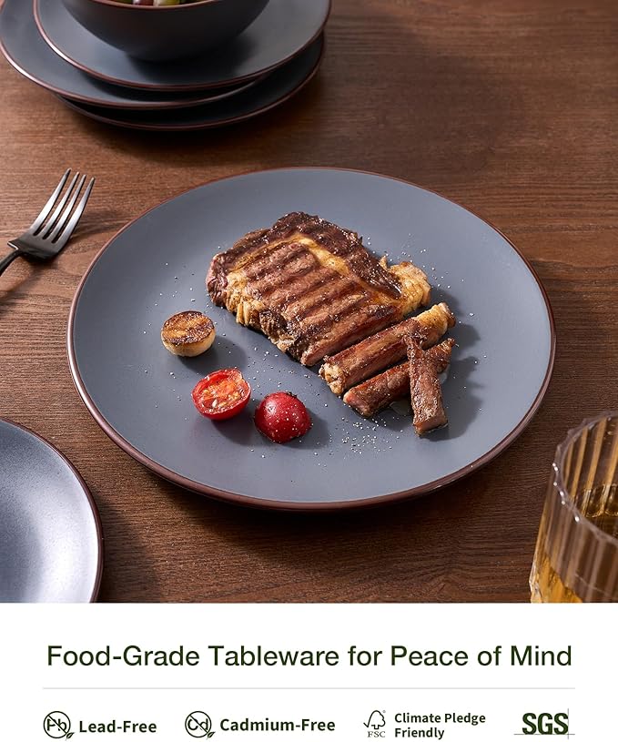 Famiware Venus Plates and Bowls Sets, 18 Pieces Stoneware Dinnerware Sets, Speckled Dishes Set for 6, Microwave and Dishwasher Safe, Matte Charcoal