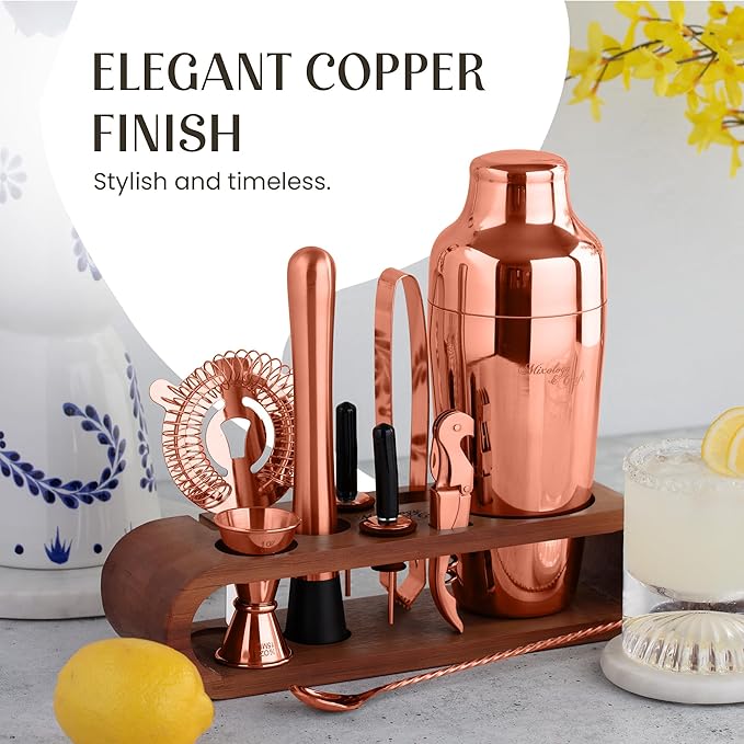Mixology & Craft Bartender Kit: 10-Piece Cocktail Shaker Set with Dark Bamboo Stand | Complete at Home Bar Set with Bar Accessories | Great Housewarming Gift | Leak-Proof Design (Copper)