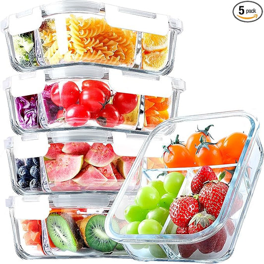VERONES 5 Pack Glass Meal Prep Containers 3 Compartment Set, 36OZ Airtight Glass Lunch Containers, Food Storage Containers with Lids, for Microwave, Oven, Freezer & Dishwasher Friendly,White