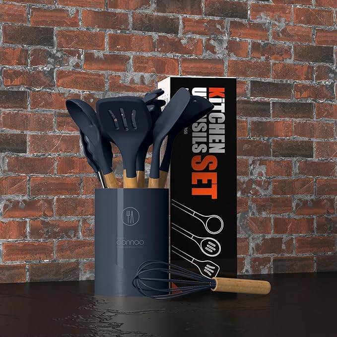 Silicone Cooking Utensils Set - 446°F Heat Resistant Silicone Kitchen Utensils for Cooking,Kitchen Utensil Spatula Set w Wooden Handles and Holder, BPA FREE Gadgets for Non-Stick Cookware (Navy Blue)