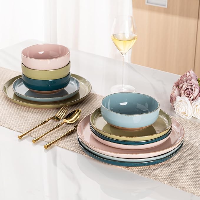 AmorArc Ceramic Dinnerware Sets for 4, 12 Pieces Handpainted Plates and Bowls Set with Rustic Terracotta Underside, Scratch Resistant Stoneware Dishes Set, Dishwasher & Microwave Safe, Multi-Color