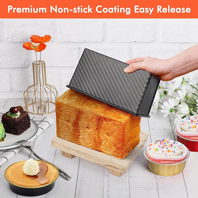 Beasea Pullman Loaf Pan with Lid, 2 Pack Non-Stick Bread Loaf Pans 1 lb & 0.5 lb Carbon Steel Bread Toast Box with Dough Scraper for Homemade Bread Toast Oven Baking - Black