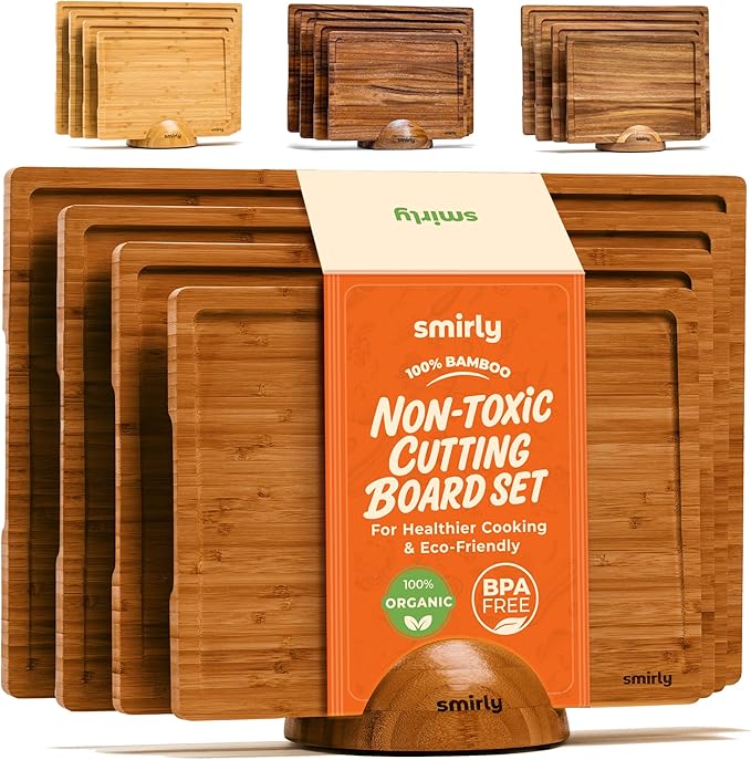 SMIRLY Bamboo Cutting Boards, Brown Bamboo Wood Cutting Board for Kitchen, Set of 4 with Holder & Deep Juice Groove, Butcher Block for Chopping Meat, Charcuterie Cheese Serving Tray, Kitchen Gadgets