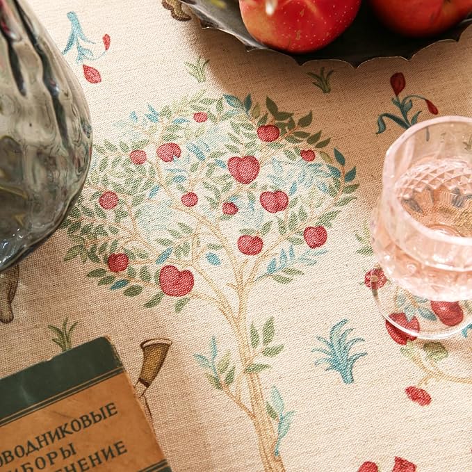 patdrea Designer Beige Tablecloth for Round Tables,Vintage Elegant French Linen with Trees and Kid Pattern Table Cloth,Farmhouse Table Cover Cloth Decor for Kitchen Dining Christmas,Diameter 55"