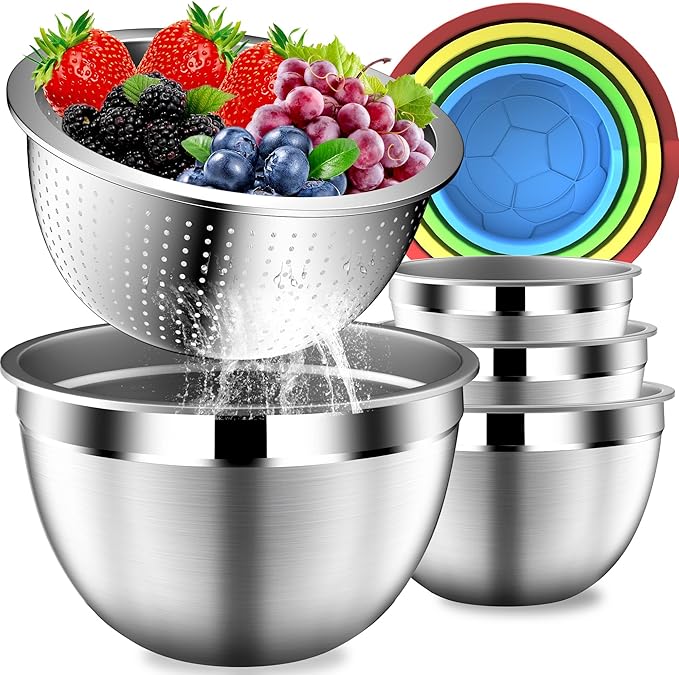 Mixing Bowls with Strainer, Mixing Bowl with Lids Set, Stainless Steel Mixing Bowls, Kitchen Gadgets 2025 Salad Bowls with Strainer for Mixing & Preping & Baking, Multicolor