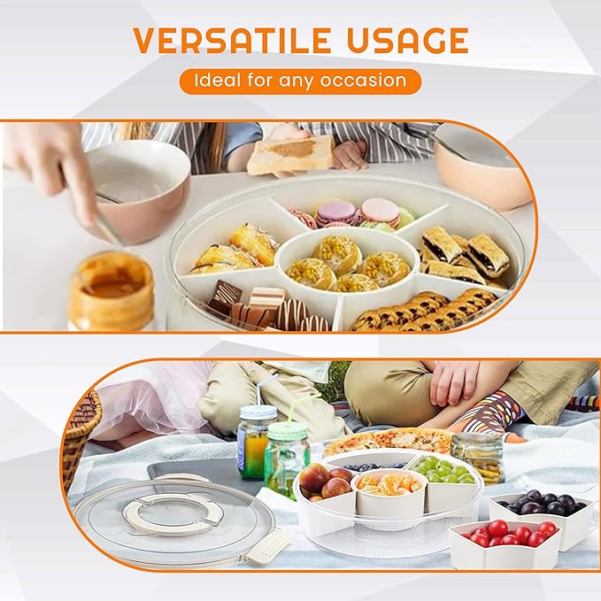 Rotating Snack Box Container - Large Divided Serving Tray with Lid - Snack Spinner for Kids -Pie Carrier,Mess-Free Snack Container - Veggie Tray with Lid for Fridge - Spinning Snack Container