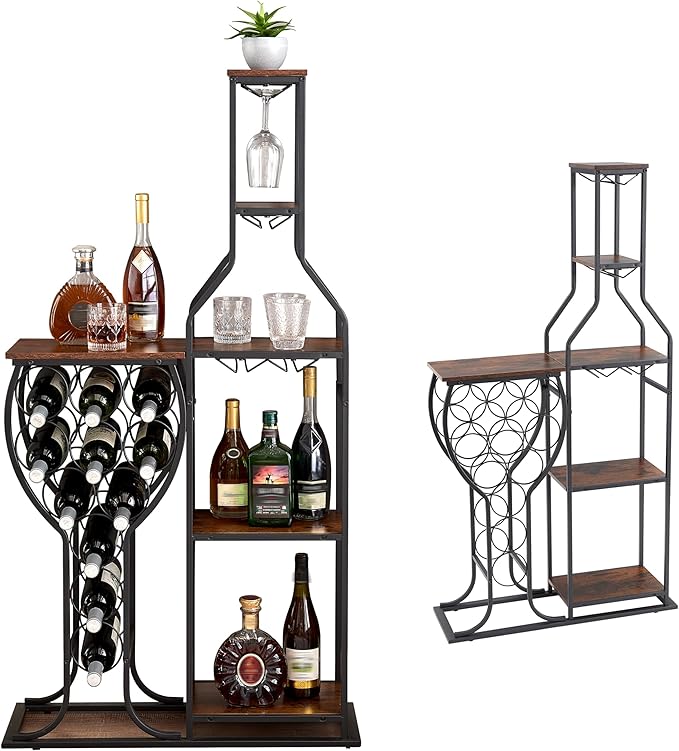 5-Tier Wine Rack Freestanding Floor, 11 Bottles Modern Wooden Wine Holder-Storage Cabinet for Home Bar, Kitchen, Dining Room Space Saving Bar Stand with Easy Assembly.(Brown)