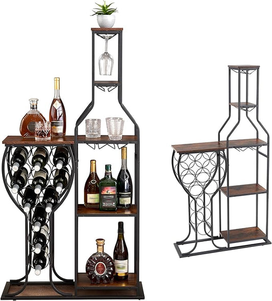 5-Tier Wine Rack Freestanding Floor, 11 Bottles Modern Wooden Wine Holder-Storage Cabinet for Home Bar, Kitchen, Dining Room Space Saving Bar Stand with Easy Assembly.(Brown)