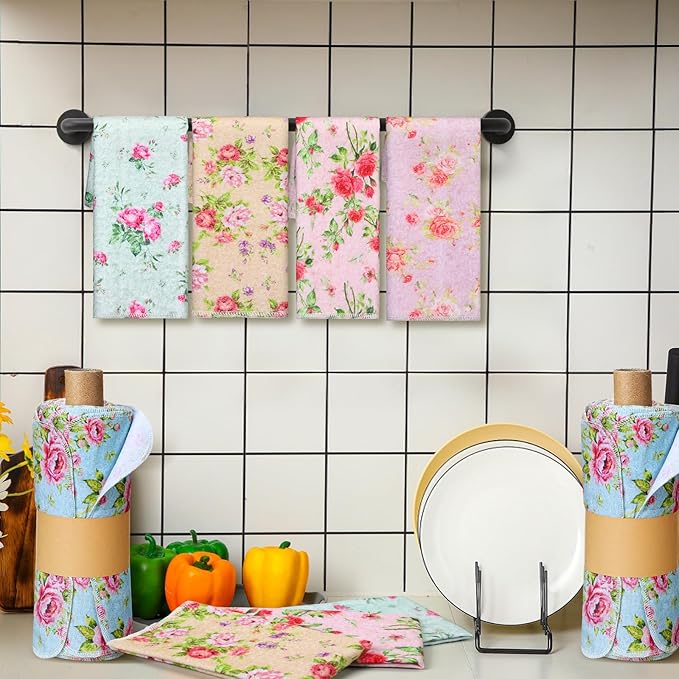 36 Pack Reusable Cleaning Cloths Washable Cotton Kitchen Dish Towels for Home Christmas Party Supplies Bulk, 9.84x11.81in (Countryside Flowers)