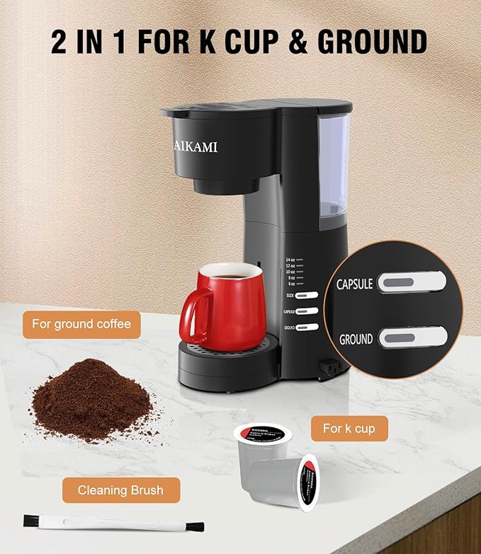 Single Serve Coffee Maker for K Cup & Ground Coffee with Milk Frother, 6 to 14 Oz Brew Sizes, Auto-Off Coffee Machine with Water Reservoir