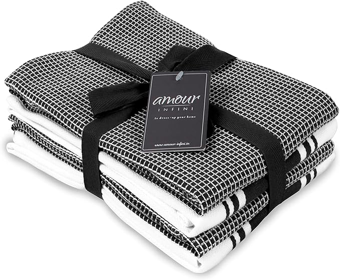 AMOUR INFINI Cotton Kitchen Towels - Set of 4 Highly Absorbent, Ultra Soft Waffle Weave Tea Towel with Hanging Loop - 20x28 Inch Quick Drying Dish Cloths for Cleaning (Black)