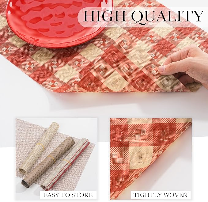 BACKTOEDEN Placemats Set of 6 Heat Resistant Washable Wipeable Placemat Woven Non-Slip Foldable Vinyl/Plastic Place Mats Indoor/Outdoor Mat Kitchen Dining Table Pad, Red Checkered