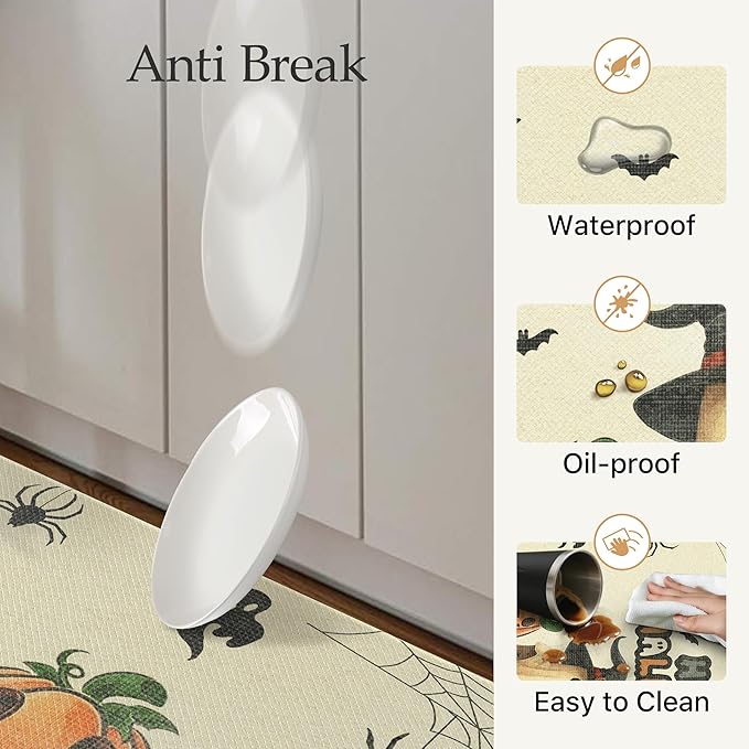 GENIMO Halloween Decorations - Kitchen Mats for Floor, 2PCS Kitchen Rugs, Cushioned Anti Fatigue Mat for Home Decor, Waterproof Non-Slip Comfort Standing Mat for Laundry, 17.3"x59"+17.3"x30", Beige