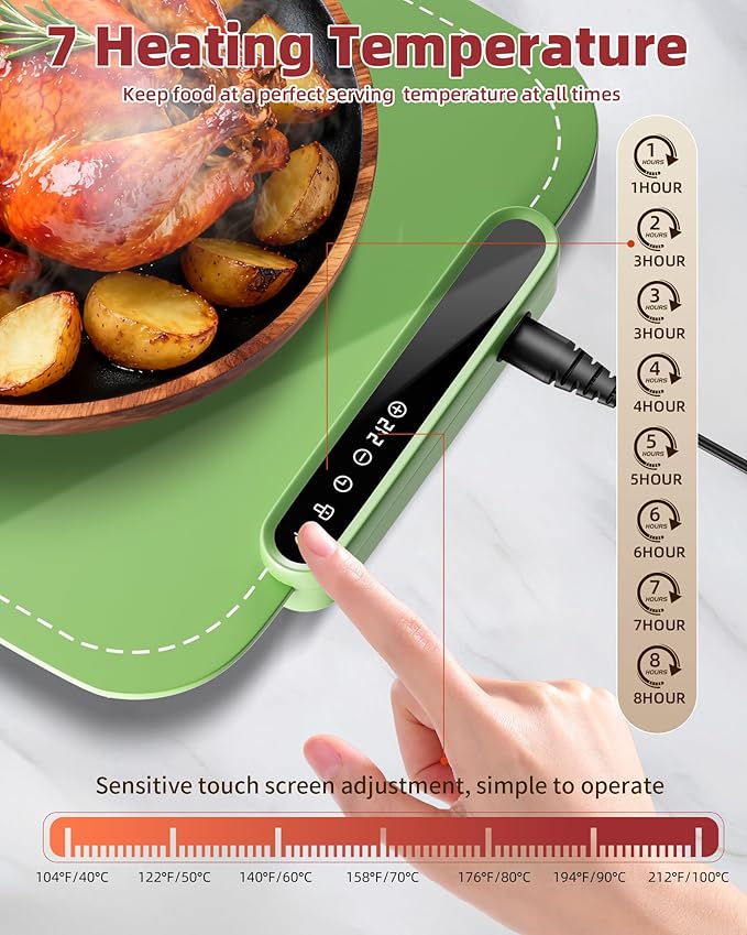 Warming Mat for Food, Upgraded Fast-Heating Electric Warming Tray with 7 Temp Levels & 8 Timers, Buffet Raised Feet & Rollable Silicone Heat Pad, Portable Food Warmer for Home, Party & Travel(Green)