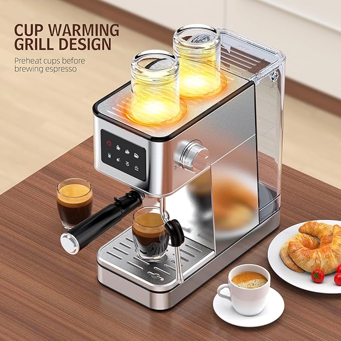 Espresso Machine with Milk Frother, 20 Bar Compact Coffee Machine with Touch Screen & 57.5oz Removable Water Tank for Home, Stainless Steel Espresso Maker for Cappuccino, Latte, Silver(updated)