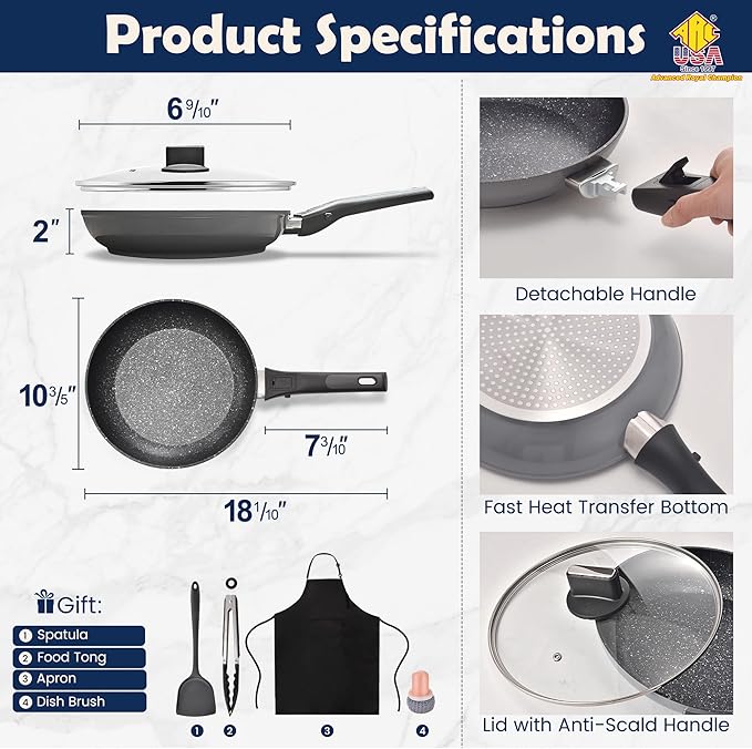 ARC Nonstick Frying Pan Skillet With Removable Handle,10 Inch Skillet with Lid Egg Pan Non Stick Saute Pan, Oven and Dishwasher Safe, PFOA Free Cookware Cooking Pan For Induction Cooktops