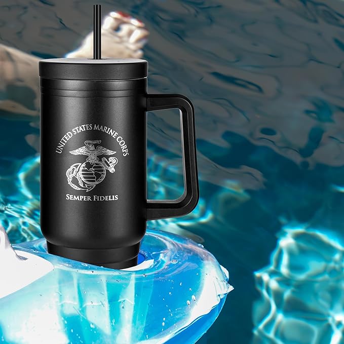 40oz Insulated Marine Corps Tumbler with Handle, Lid & Straw - USMC Gifts - Use for Water, Tea, Coffee & More-Disabled USMC Vet | USMC 40oz Tumbler