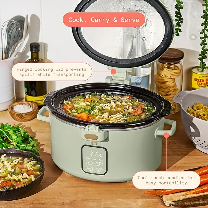 Beautiful 4-Qt Programmable Slow Cooker with Hinged Locking Lid & Touch Display – 3 Heat / 4 Timer Settings (Sage Green)