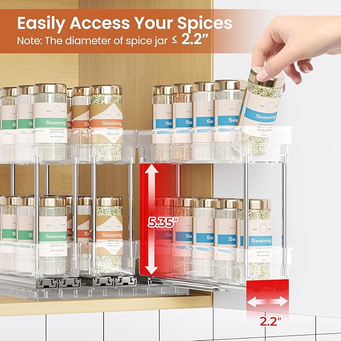 Pull Out Spice Rack Organizer for Cabinet, Slide Out Spice Racks Organizer, Easy to Install Spice Cabinet Organizers, 2.3''Wx10.35''Dx8.26''H, 3 Pack-2 Tier(Clear)