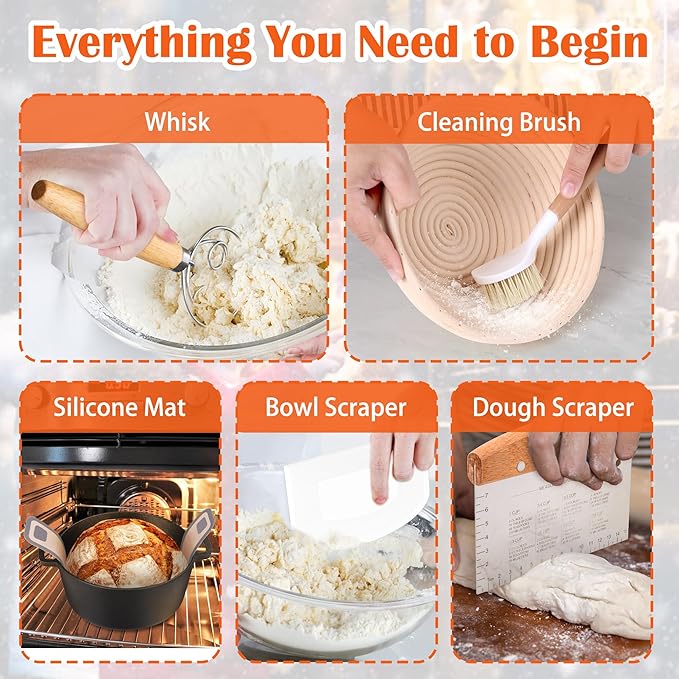 P&P CHEF Complete Sourdough Starter Kit, Sourdough Bread Baking Supplies Set, 9'' Round Bread Proofing Basket with Other Dough Making Tools, Ideal for Bread Making Baking Fermentation