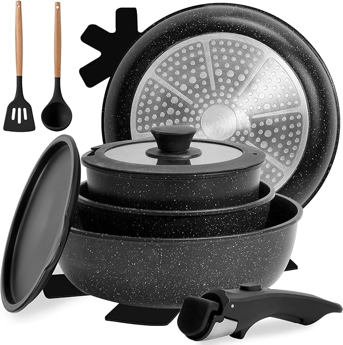 Numola 10 pcs Pots and Pan Set Non Stick with Detachable Handle, Ceramic Cookware Set for Stackable, Induction Kitchen Cookware Set for RV, Dishwasher ＆ Oven Safe, Black