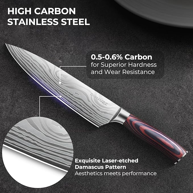Chef Knife, 8 Inch Kitchen Knife, Ultra Sharp High Carbon Stainless Steel for Professional and Home Chefs with Ergonomic Handle, Roll Forged Utility Knife with Sheath and Gift Box