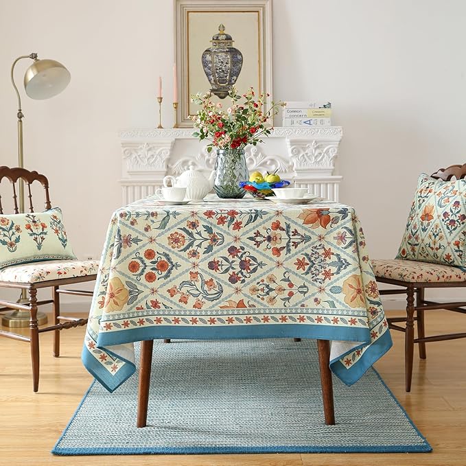 French Tablecloth for Square Tables,Linen Table Cloth with Colorful Flowers and Leaves Pattern,Heavy Durable Soft Table Cover for Dining Kitchen Decor Party Christmas,67"*67"