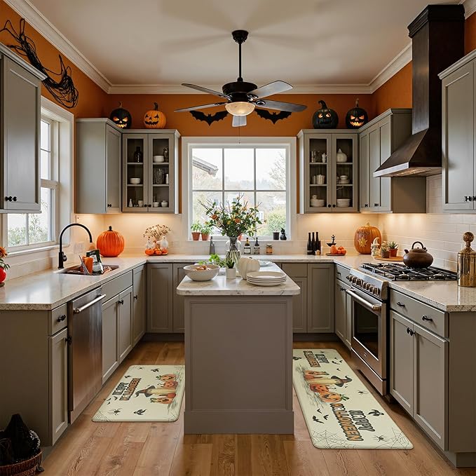 GENIMO Halloween Decorations - Kitchen Mats for Floor, 2PCS Kitchen Rugs, Cushioned Anti Fatigue Mat for Home Decor, Waterproof Non-Slip Comfort Standing Mat for Laundry, 17.3"x59"+17.3"x30", Beige