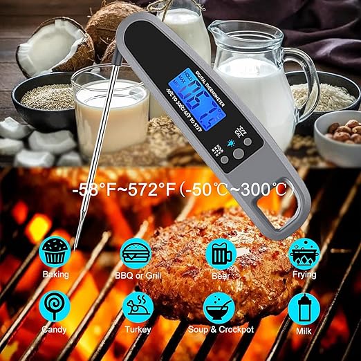 Instant Read Meat Thermometer for Kitchen Cooking, Ultra Fast Precise Waterproof Digital Food Thermometer with Backlight, Magnet and Foldable Probe for Deep Fry, Outdoor BBQ, Grill(Grey)