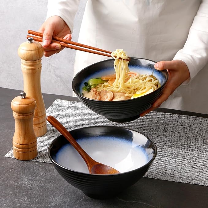 NUTRIUPS 8 Inch Ceramic Ramen Bowl Set of 2 Pho Bowls 40oz Japanese Noodle Udon Soup Bowls with Spoons and Chopsticks (Moon Blue)