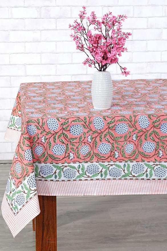 Ridhi Dark Salmon Pink Hand Block Print Cotton Rectangle Tablecloth 108 x 60 inch-Reusable Table Cover Decorative Everyday Use for Dining Room, Farmhouse, Thanksgiving, Christmas Wedding, Fall