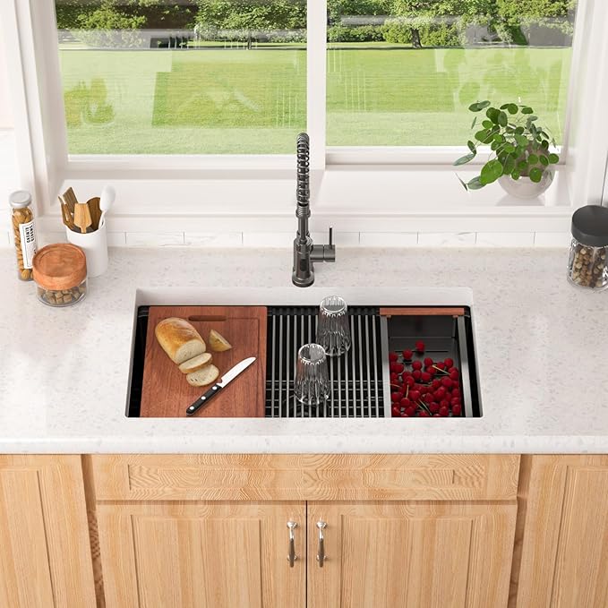 Lordear 33 Undermount Kitchen Sink Matte Black 33X19 Inch Sinks Ledge Workstation16 Gauge Stainless Steel Single Bowl Under Counter Kitchen Sink Basin with Built- in Accessories