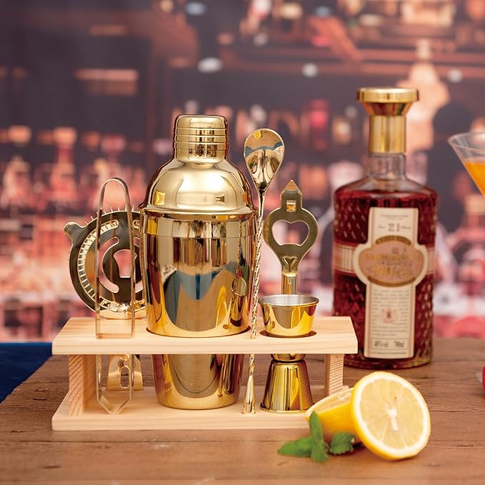 Cocktail Shaker Set Stainless Steel Bartending Kit 18.6oz Cocktail Bar Set Cocktail Mix Drink Making Kit Professional Bar and Home Drink Bar Tools for Bartender (Gold, 7Pcs)
