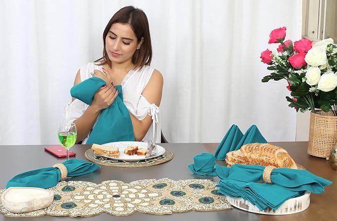 Bedding Craft Cotton Cloth Dinner Napkins Set of 12 – 18x18 Teal Hemstitched with Decorative Selvedge Holes & Mitered Corners – Reusable Machine Washable Fabric Napkins for Weddings & Dining