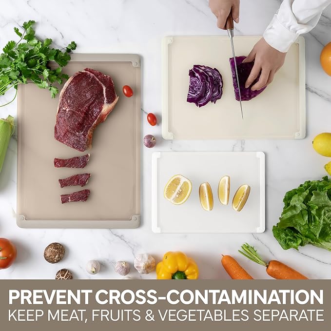 COOK WITH COLOR Extra Large Cutting Board Set, Jumbo-Sized Boards with Rubber Border for Enhanced Cooking Experience, 3-Piece, Brown