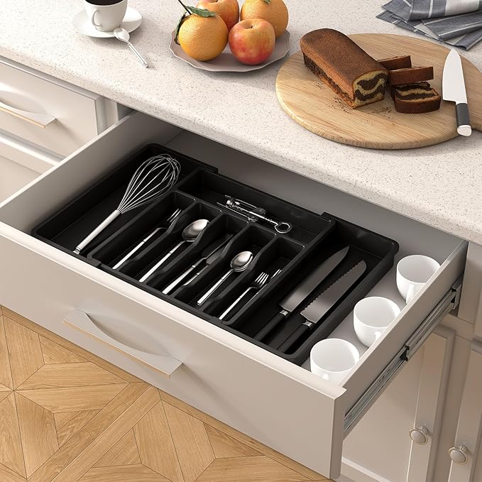 Lifewit Large Silverware Drawer Organizer, Expandable Utensil Tray for Kitchen, BPA Free Flatware and Cutlery Holder, Adjustable Plastic Storage for Spoons Forks Knives, Large, Black