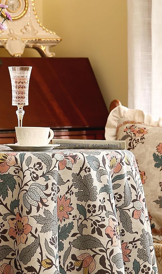 Floral Tablecloth for Round Tables,Linen Table Cloth with Gray-Green Tone and Silver Lotus Pattern,Heavy Durable Table Cover for Dining Kitchen Decor Party Christmas,Diameter 55"