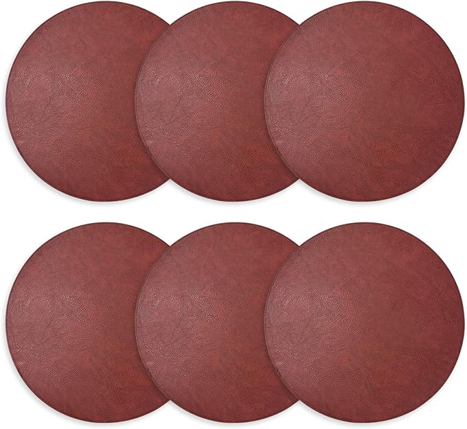 Placemats Set of 6 – Round 15” Faux Leather Table Mats for Dining, Heat Resistant & Non-Slip Washable Indoor, Outdoor, Dining Table Set for 6, Modern Kitchen & Holiday Use, Burgundy