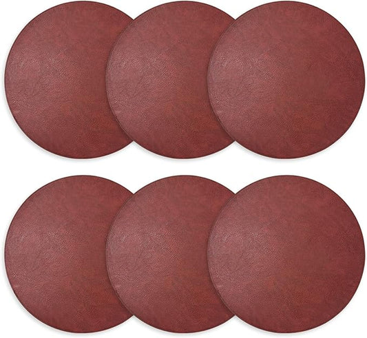 Placemats Set of 6 – Round 15” Faux Leather Table Mats for Dining, Heat Resistant & Non-Slip Washable Indoor, Outdoor, Dining Table Set for 6, Modern Kitchen & Holiday Use, Burgundy