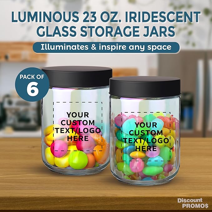 DISCOUNT PROMOS Custom Luminous 32 oz.Storage Jars Set of 6, Personalized Bulk Pack - Durable Kitchen Organization, Home Decor Essentials, Food Storage Solutions - Clear