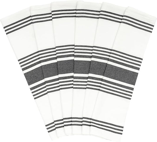 Black Striped Kitchen Towels - 6 Pack, 100% Cotton, 30"x20" Black Cotton Tea Towels - Highly Absorbent, Washable, Durable, Lint-Free All-Season Hand Towels (6 Pack)