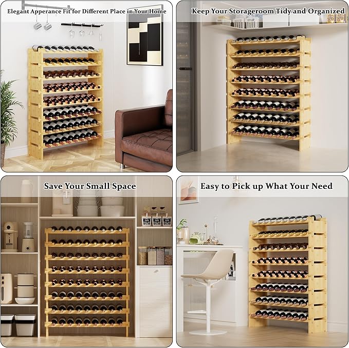 Bambloom Wine Rack Freestanding Floor, Wooden Stackable Bottle Storage Rack for Kitchen,Cellar. 72 Bottles Wine Holder Display Shelves for Champagne(Bamboo)