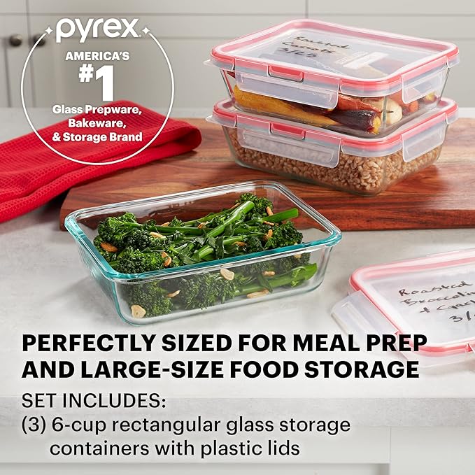 Pyrex Freshlock (3-Pack, 6 Cup) Glass Food Storage Containers Set, Airtight & Leakproof Locking Lids BPA-Free, Meal Prep Containers Set, Freezer Dishwasher Microwave Safe