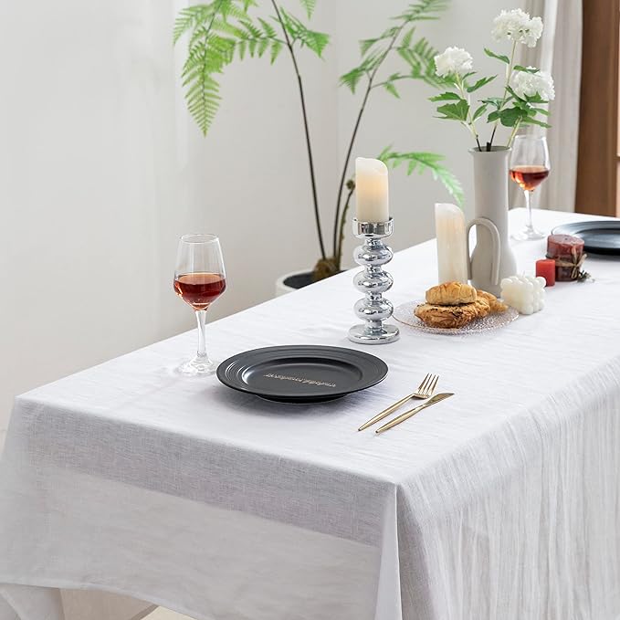 EVERLY 100% Pure Linen Rectangle Tablecloths 60x108 Inches for Dining,Buffet Parties,Picnic,Events,Weddings and Restaurants,Decorative Halloween,Thanksgiving Machine Washable Tablecloths-White